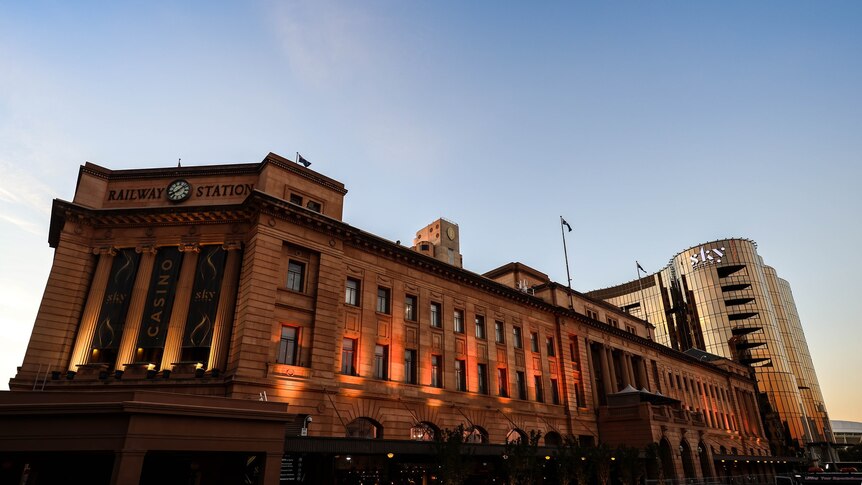 The SkyCity casino and Adelaide Railway Station building.