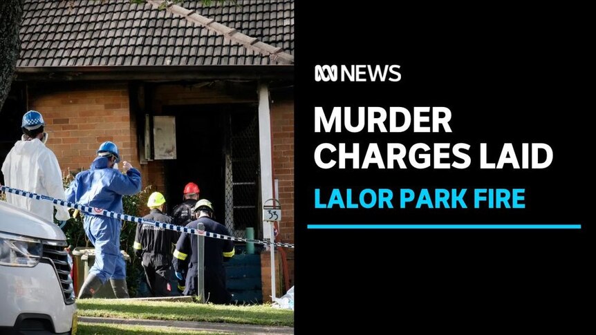 Murder Charges Laid, Lalor Park Fire: Emergency services approach and enter a house with a blackened interior.
