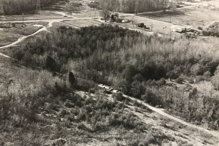 A house sits at the border of dense woodlands, with a single road through it on which three cars are tailgating each other.