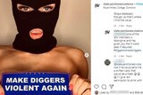 Screenshot of Instagram post featuring naked woman wearing balaclava holding up sticker that says Make Diggers Violent again
