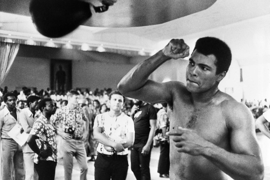 Muhammad Ali during boxing training in Kinshasa, Zaire before title fight against George Foreman.