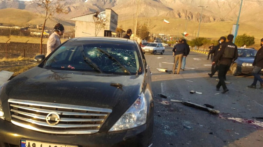 This photo released by the semi-official Fars News Agency shows the scene where Mohsen Fakhrizadeh was killed in Absard.