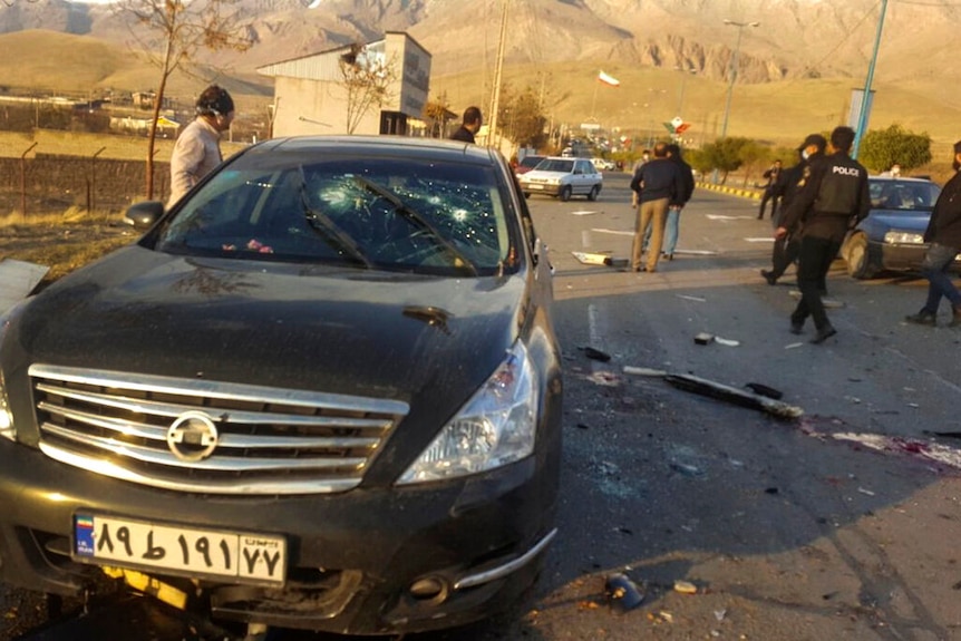 This photo released by the semi-official Fars News Agency shows the scene where Mohsen Fakhrizadeh was killed in Absard.