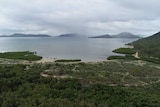 Drone aerial vision of a group of islands with lush greeny below