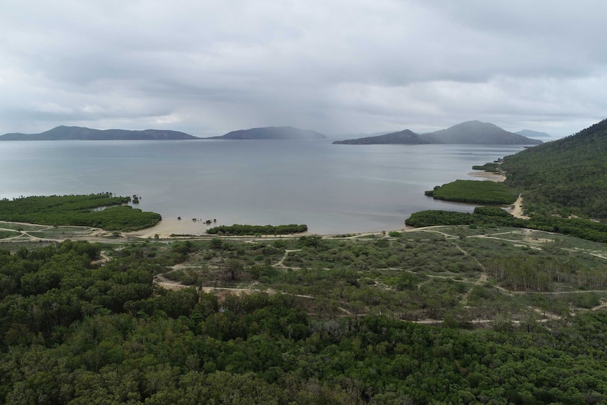 Drone aerial vision of a group of islands with lush greeny below