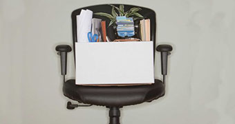 Box packed with books, paper and a plant on an office chair.