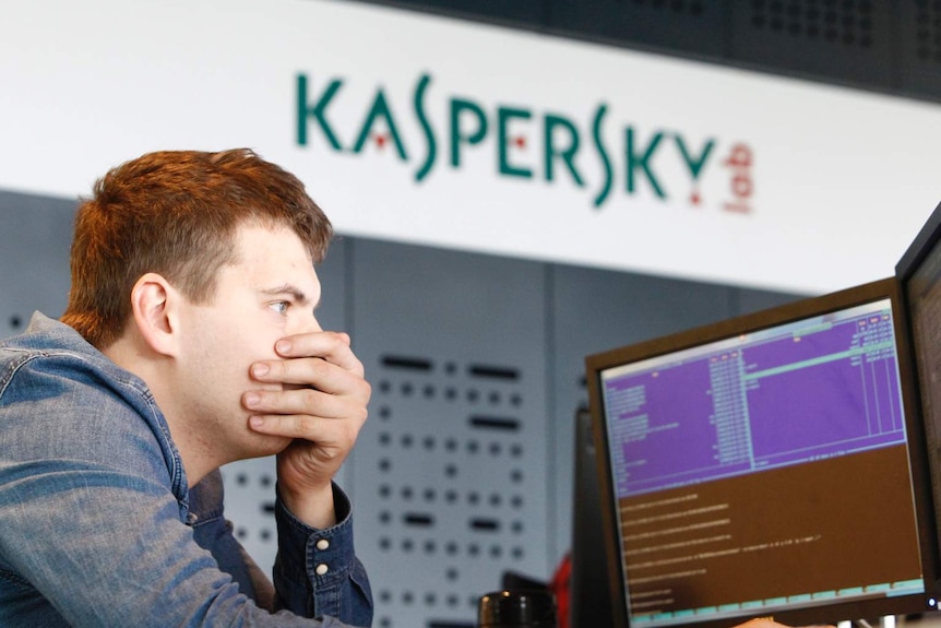An employee works at a computer at Kaspersky Labs in Moscow.