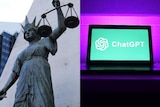 A compositie imgae showing a statue of Lady of Justice and a laptop with a green background the chatGPT symbol.