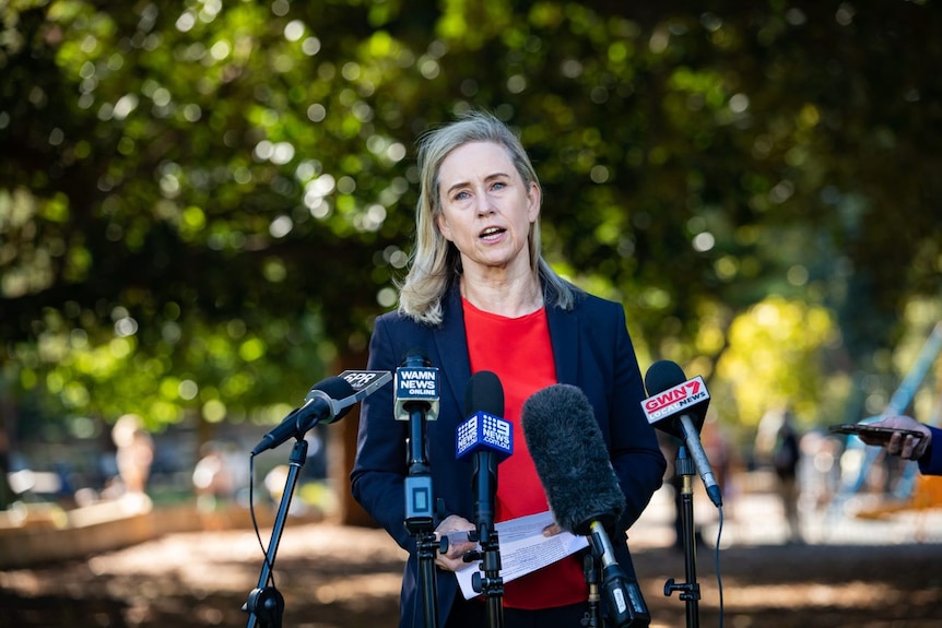 Simon McGurk pictured in front of trees speaking into microphones wearing a blazer and red top