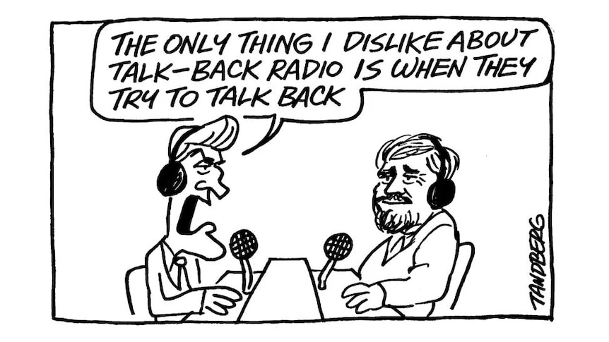 cartoon of two talkback radio hosts with microphones in front of them joking about listeners talking back
