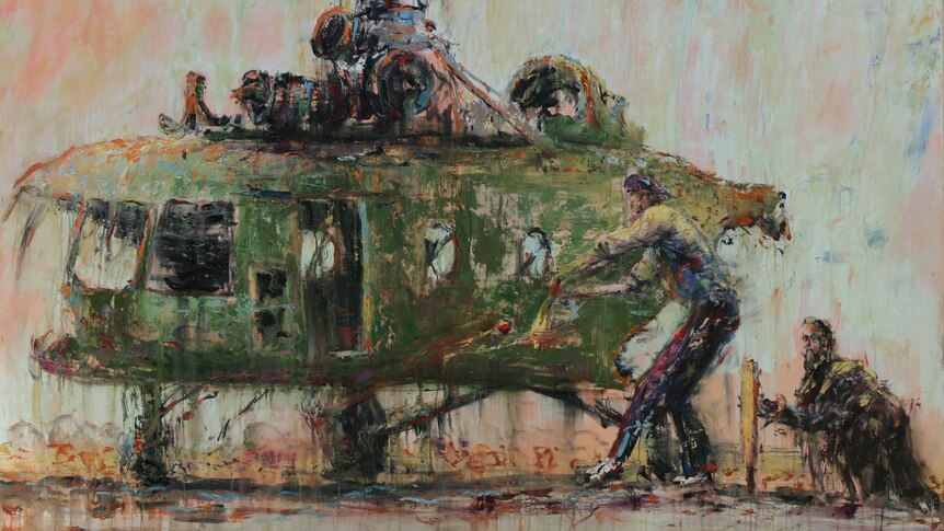 The oil on canvas shows a match being played against the backdrop of a blown-out helicopter gunship.
