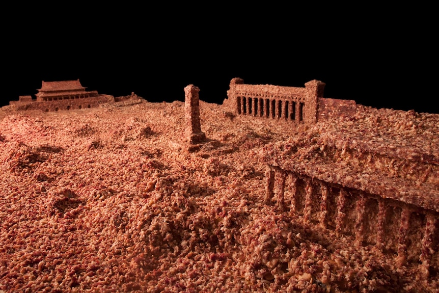 Guo Jian's artwork The Square. It's a model of Tiananmen Square covered in pork mince.