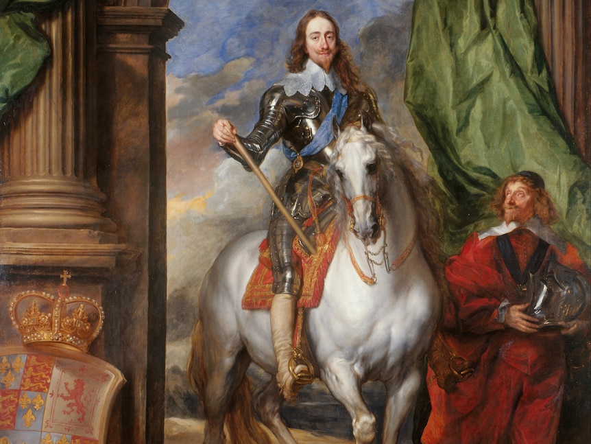 A painting of a man with long, curly mousy brown hair sitting on a white horse