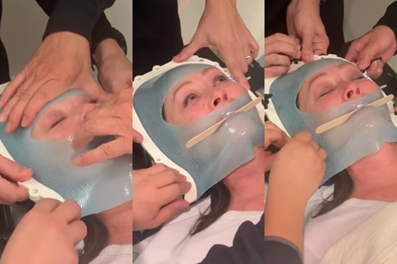Three images of Shannen Doherty having a mask placed over her head and mouth.