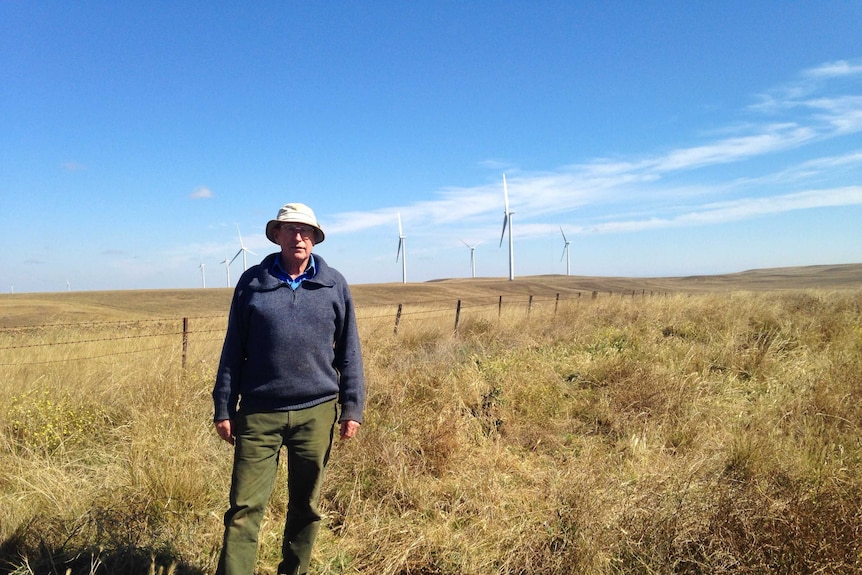 Howard Charles stands in front of seven wind turbines on his property in south-east NSW.