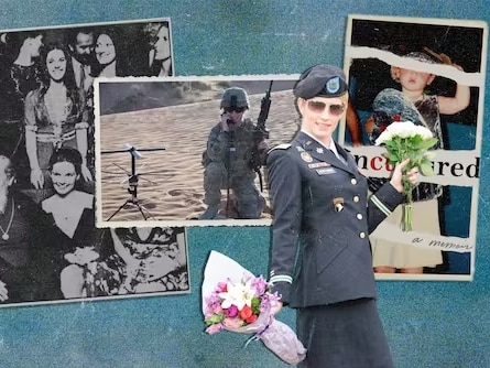 A collage of photos of a woman in army uniforms, a black and white photo of a large group of women and a book cover