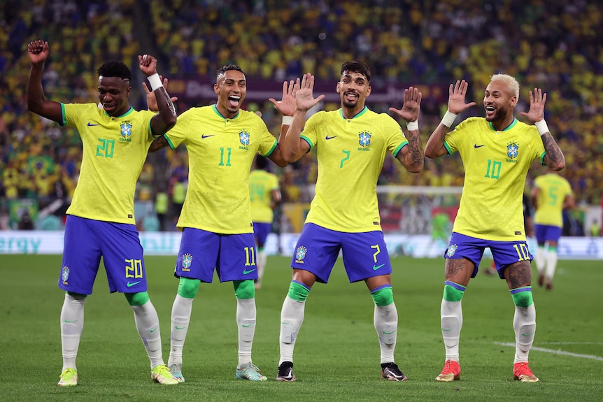 Vini Junior, Rapniha, Lucas Paqueta and Neymar dance after a goal for Brazil against South Korea at the Qatar World Cup.
