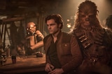 Still image of Alden Ehrenreich and Joonas Suotamo as Han Solo and Chewbacca