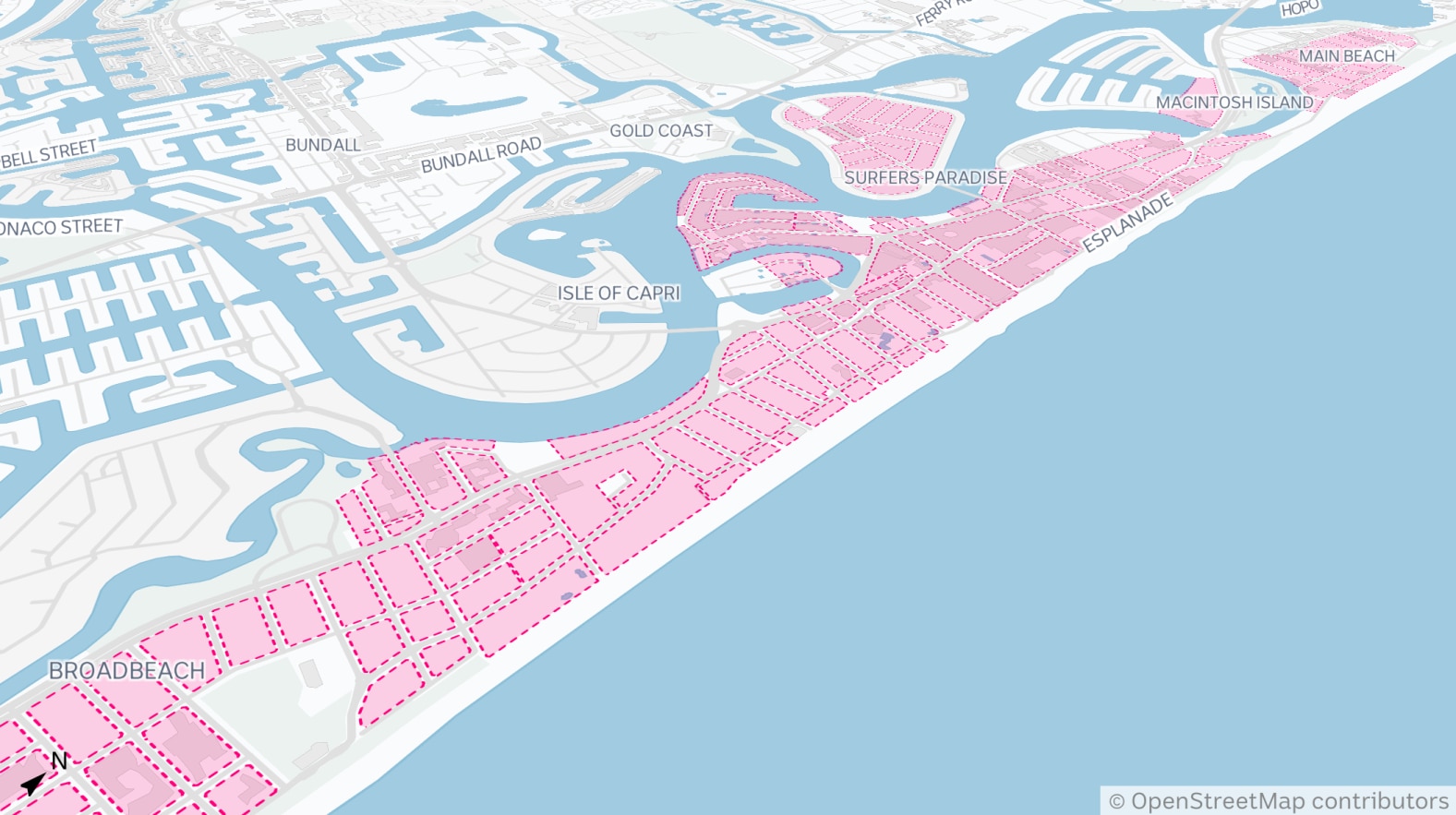 A map showing the areas zoned without a height limit throughout the Gold Coast's tourist strip marked in pink