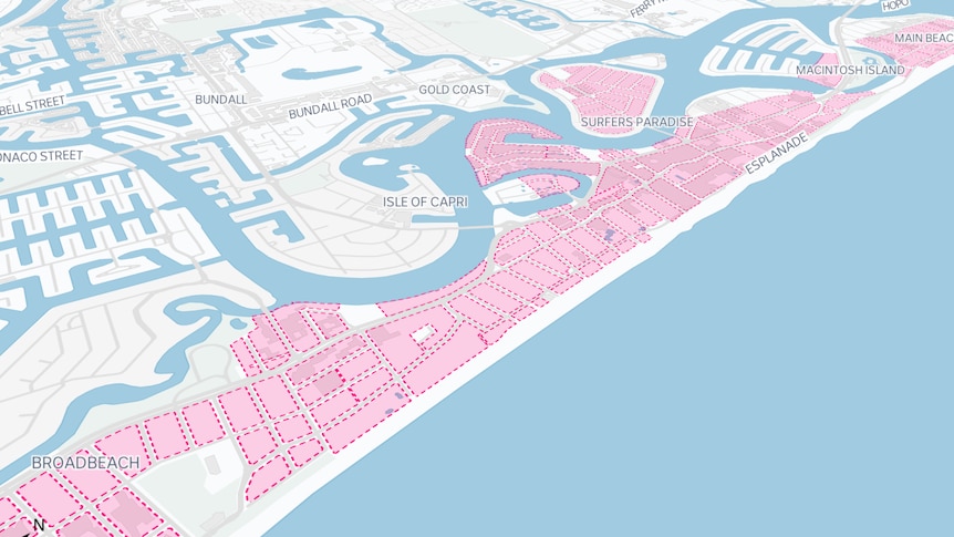 A map showing the areas zoned without a height limit throughout the Gold Coast's tourist strip marked in pink
