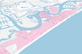 A map showing the areas zoned without a height limit throughout the Gold Coast's tourist strip marked in pink