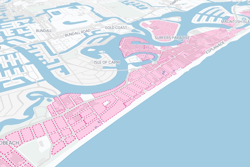 A map showing the areas zoned without a height limit throughout the Gold Coast's tourist strip marked in pink