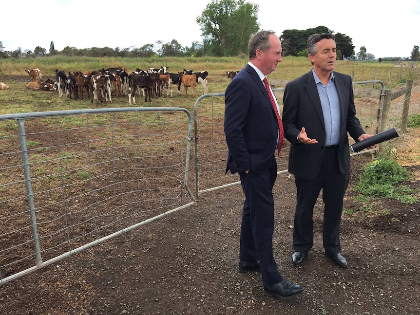 Deputy Prime Minister Barnaby Joyce and Minister for Infrastructure Darren Chester at Macalister Demonstration Farm.