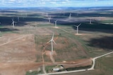 An aerial shot of a boundless plain dotted with huge wind turbines.