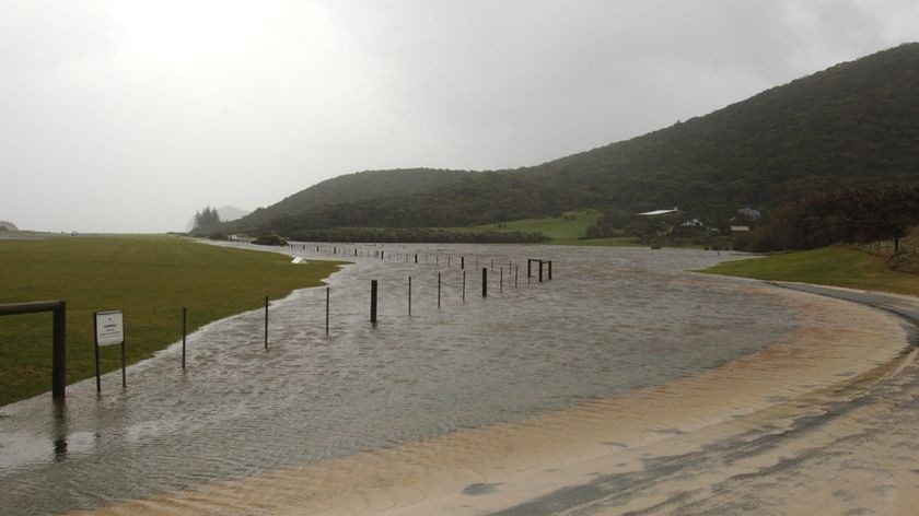 Flooded road to Lord Howe Island Airport during big storms, April 20, 2009.