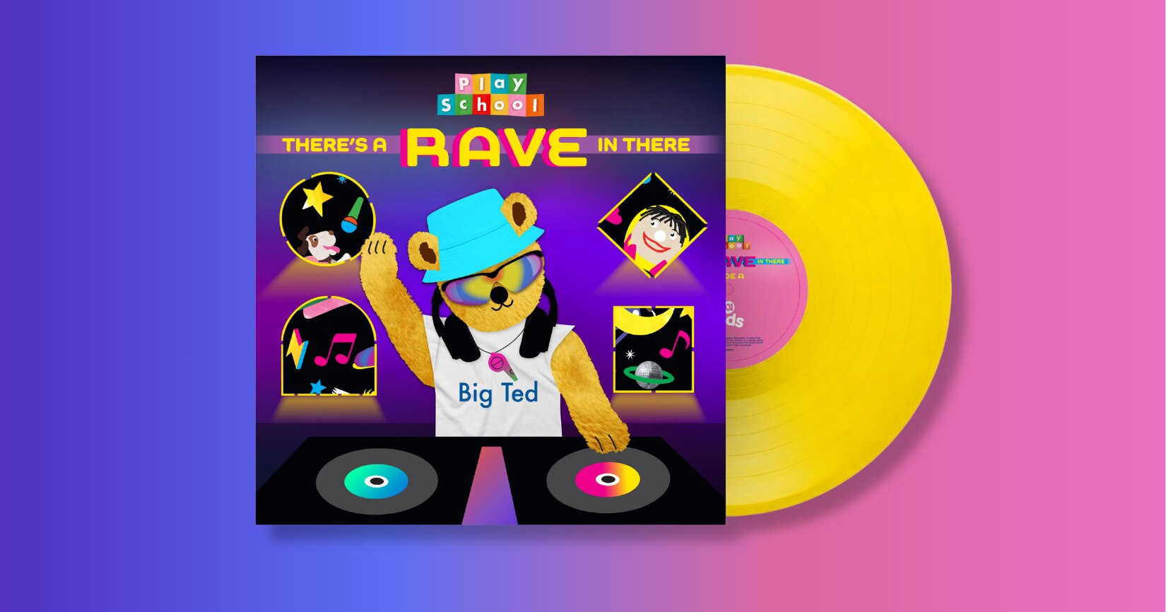 Big Ted being a DJ on the cover of 'There's a Rave in There'