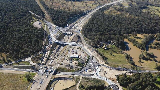 An aerial view of the early construction of the Buchanan Interchange, being built as part of the $1.7 billion Hunter Expressway.