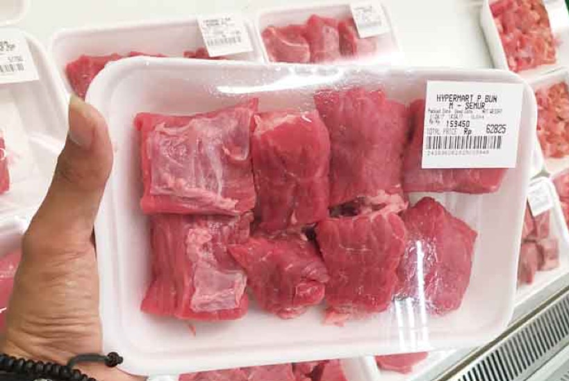 Sliced beef in plastic packaging at an Indonesian supermarket.