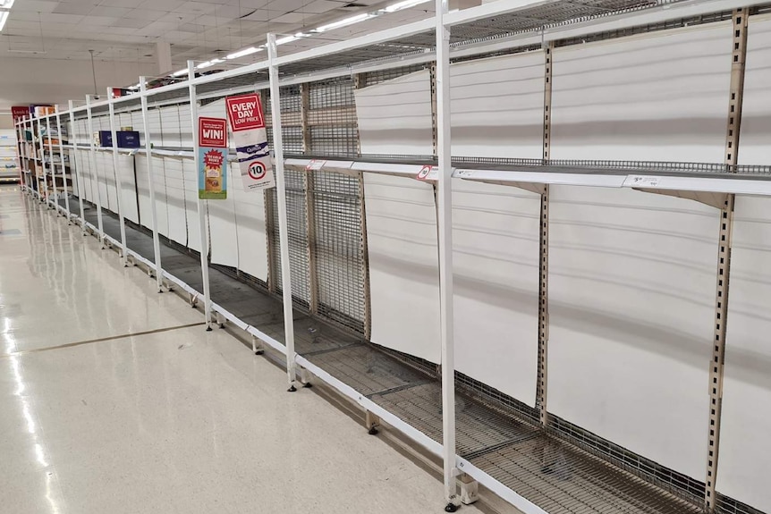 Toilet paper shelves denuded of produce in a supermarket aisle
