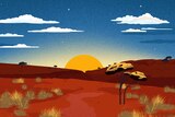 Landscape illustration of red earth, spinifex, tree silhouettes, sun rising and night sky with stars and clouds.