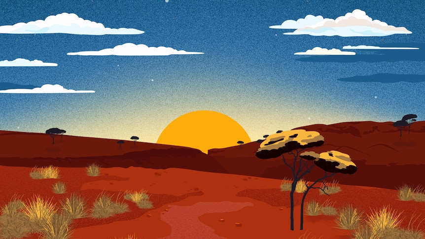 Landscape illustration of red earth, spinifex, tree silhouettes, sun rising and night sky with stars and clouds.