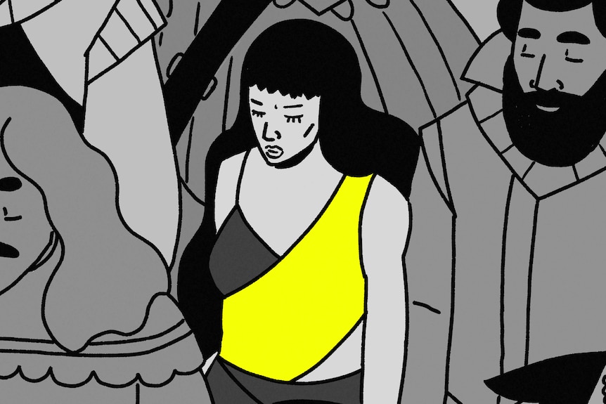 Black, grey and yellow illustration of woman with long hair looking down, walking, surrounded by crowd of men.