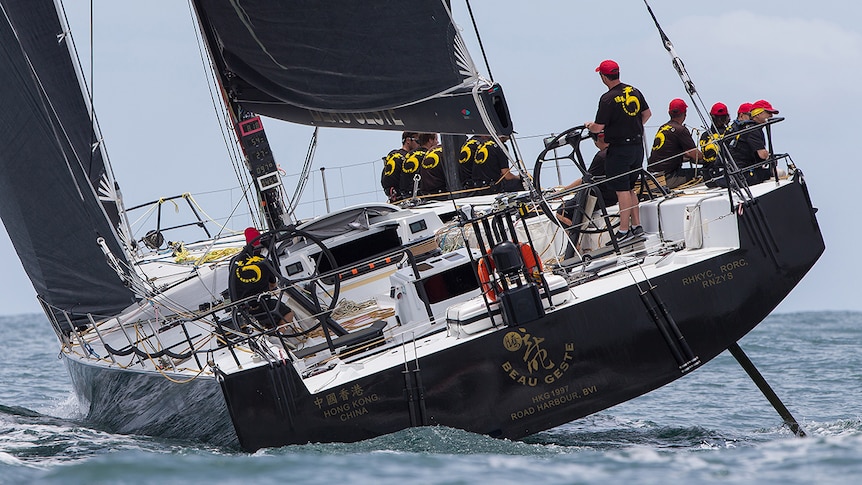 The crew of Beau Geste taking under sail, competing in the 2016 Pittwater- Coffs Harbour yacht race.