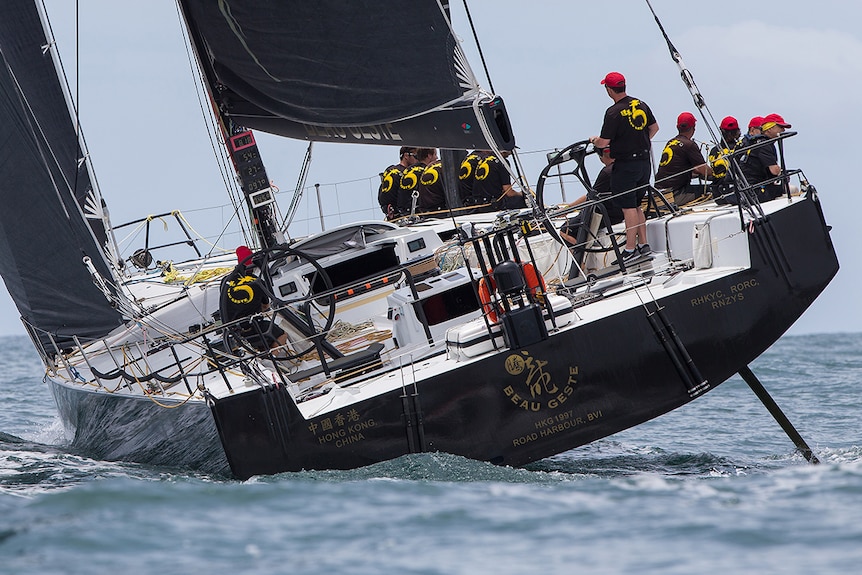 The crew of Beau Geste taking under sail, competing in the 2016 Pittwater- Coffs Harbour yacht race.
