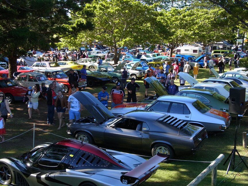 A park filled with classic cars and hundreds of people walking in between