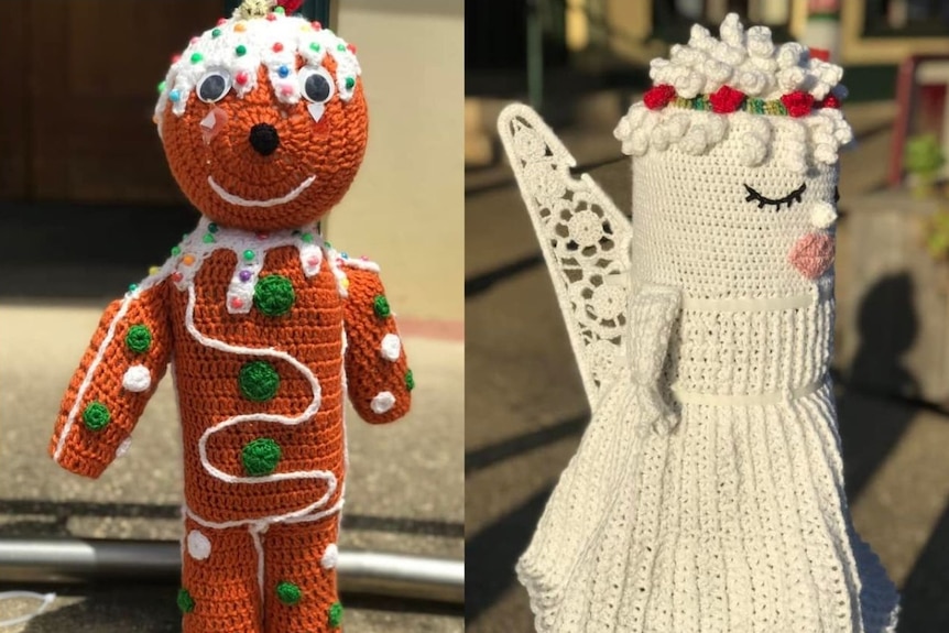 A crochet gingerbread man and a crochet angel.