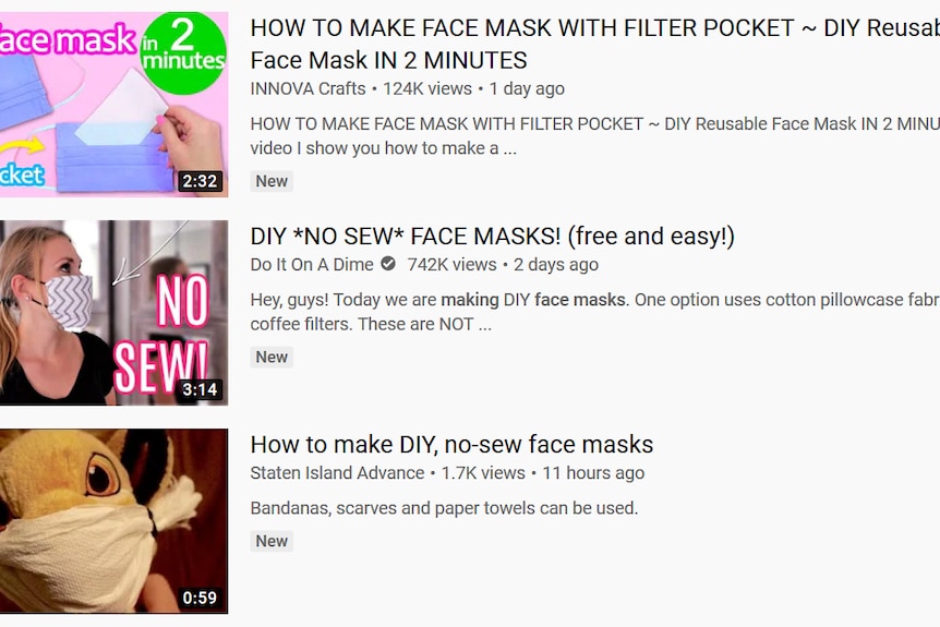 A YouTube screenshot that shows three videos that help people make their own masks.