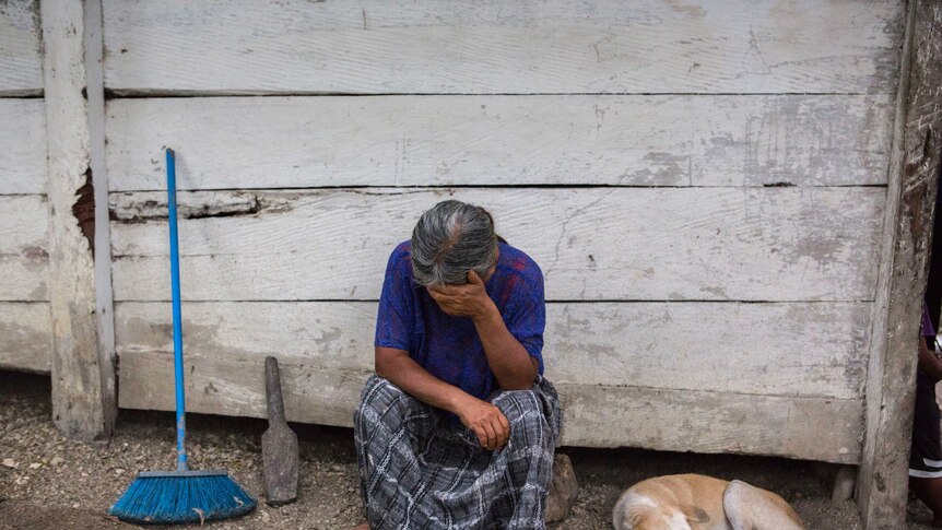 Grandmother of deceased Guatemalan migrant, Jakelin Caal lays her head in her hands while a dog sits curled next to her
