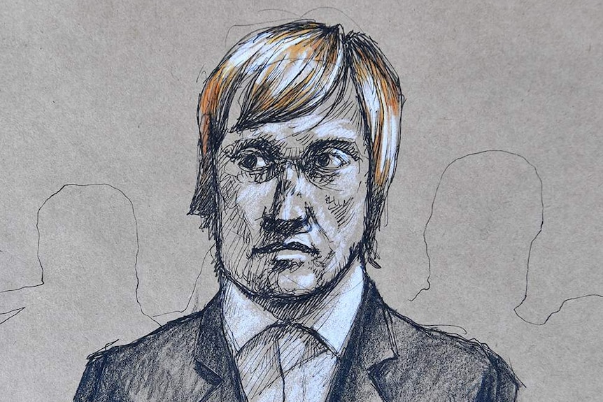 A court drawing of Trent Thorburn sitting in the dock at the Beenleigh District Court.