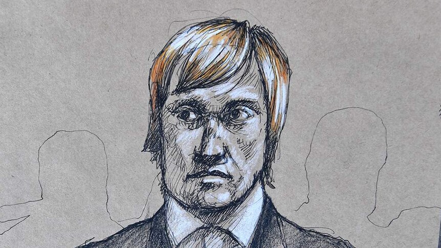 A court drawing of Trent Thorburn sitting in the dock at the Beenleigh District Court.