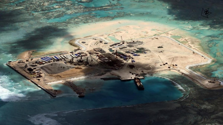 A satellite reveals China's Cuarteron Reef development in the South China Sea.