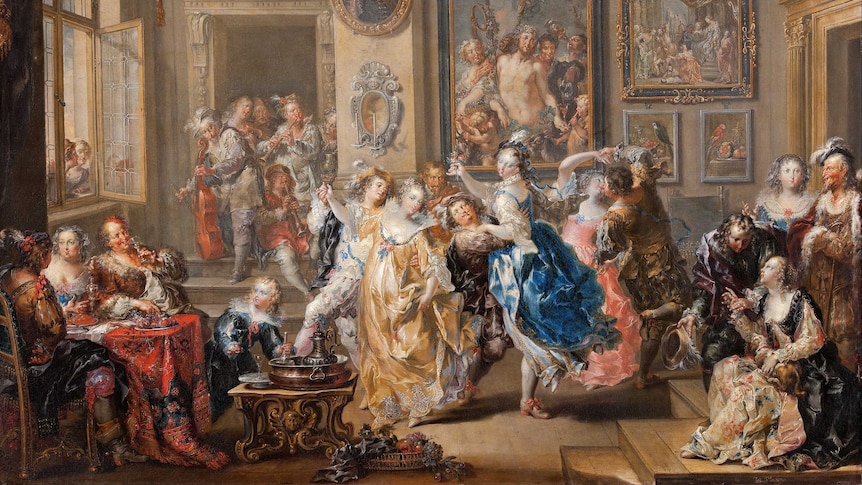 A painted scene of baroque dancers, in front of a gallery wall of other baroque paintings.