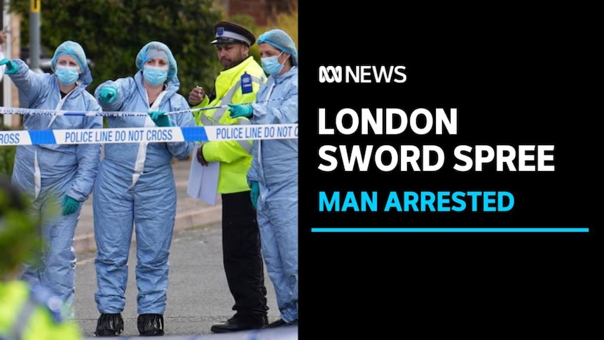 London Sword Spree, Man Arrested: Forensic officers and a police officer in high vis behind police tape.