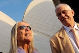 LtoR Lin and Jan Utzon stand in front of the sails of the Sydney Opera House