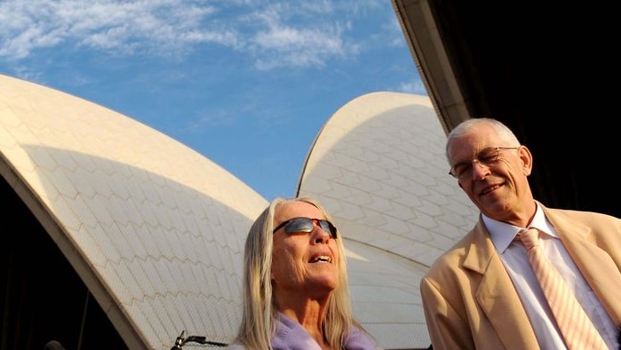 LtoR Lin and Jan Utzon stand in front of the sails of the Sydney Opera House