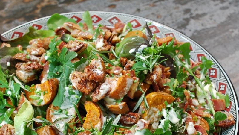 Salad of Roasted Sweet Potato Crisp Pancetta and Salty Sugared Pecans